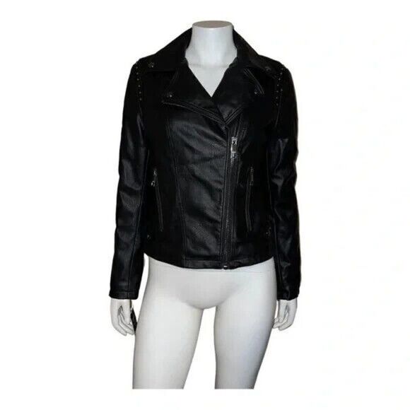 GUESS Womens Faux-Leather Moto Jacket Black Extra Small NWT - Picture 2 of 9